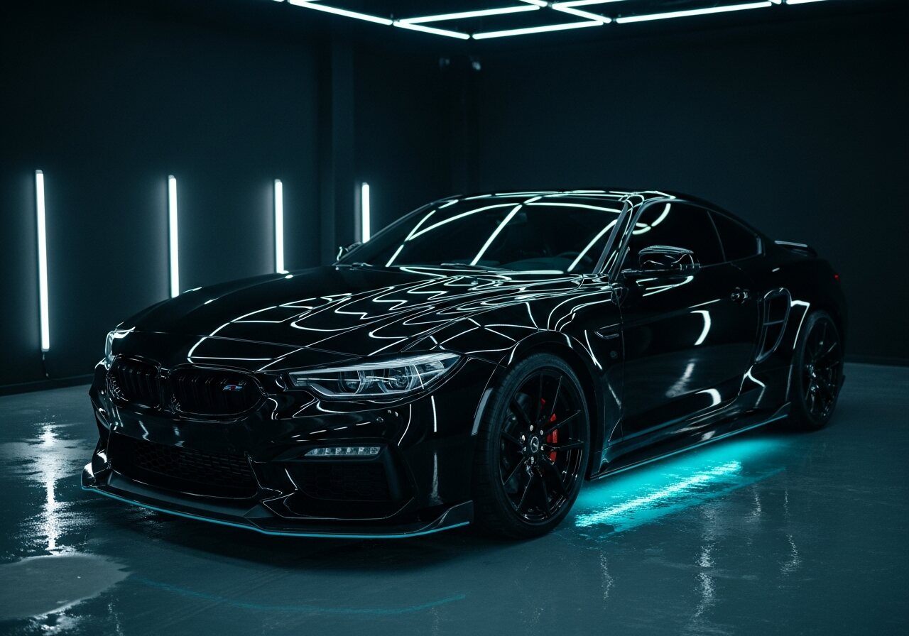 A detailed car under dramatic blue studio lighting