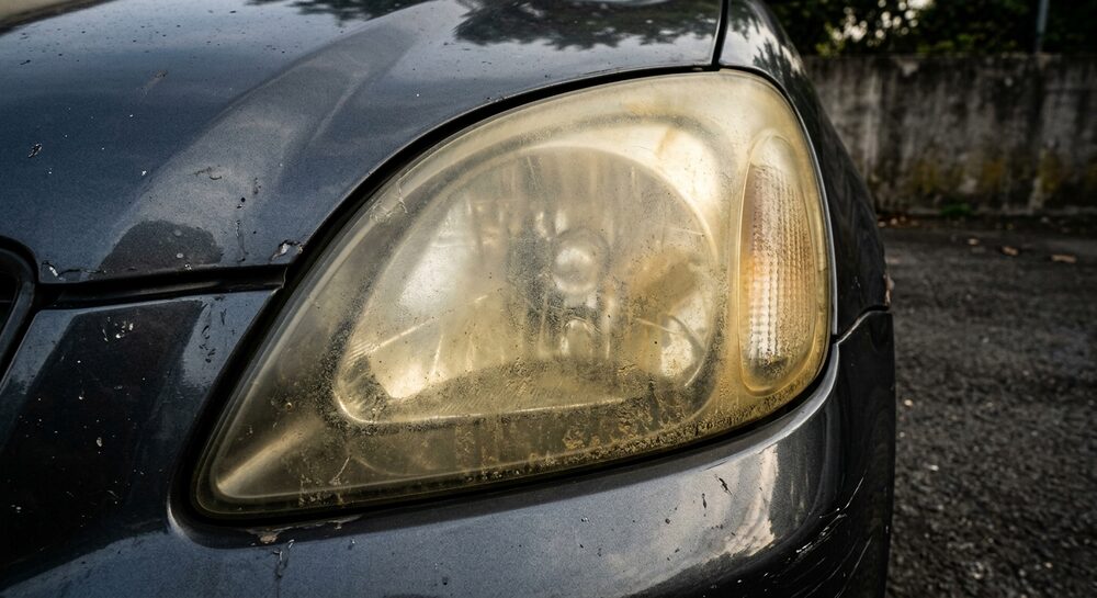 Foggy, yellowed headlight before restoration