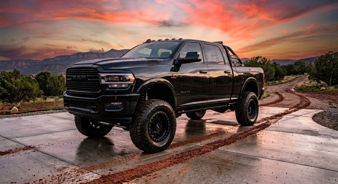 Lifted truck gleaming after a full detail at sunset