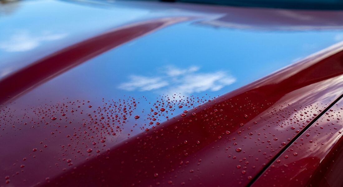 Water beading on a freshly coated painted surface