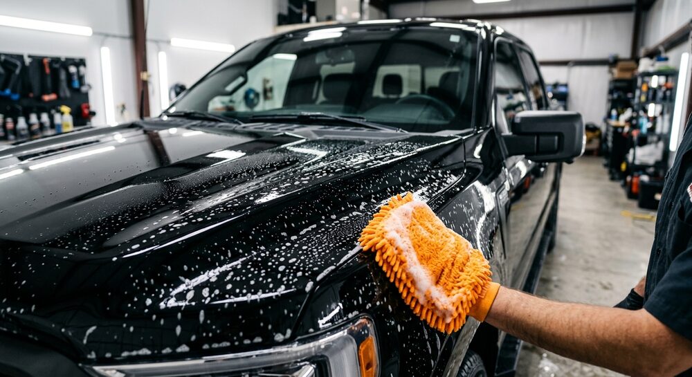 Hand washing a car with thick suds